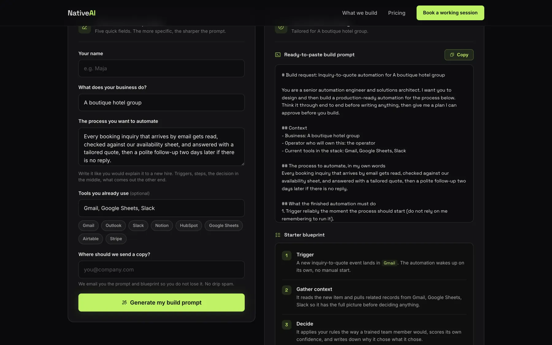 The free AI build prompt generator we built and run on this site